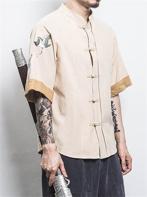 Crane Embroidery Casual Vintage T-shirts for Men