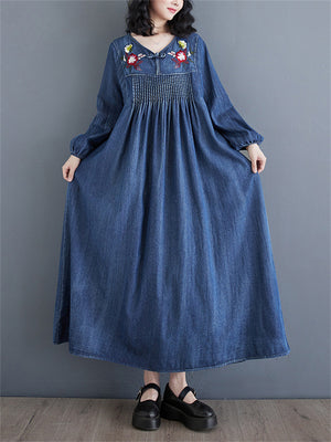 Female Ethnic Style Floral Embroidered V-Neck Retro Denim Dresses