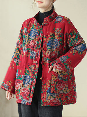 Women's Country Style Stand Collar Rose Print Red Cotton Coat