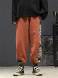 Side Floral Embroidery Elastic Waist Vintage Pants for Men