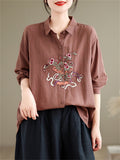 Women's Vibrant Flowers Embroidered Turn-down Collar Shirt