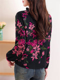 Rose Red Lily Print Ruffled Collar Long Sleeve Shirt for Ladies