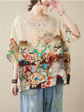 Women's Casual Round Neck Half Sleeve Oversized Print Shirt