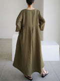 Oversized Round Neck Cotton Linen Pleated Dress for Lady