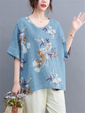 Female Bohemian Style Scoop Neck Half Sleeve Floral Print Shirt