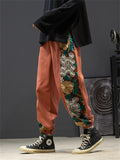 Side Floral Embroidery Elastic Waist Vintage Pants for Men