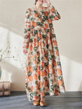 Orange Green Leaf Print Spring Loose Dress for Women