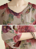 Retro Casual Flower Print Half Sleeve V Neck Shirt for Lady