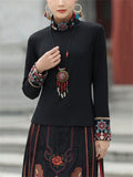 Ethnic High Neck Flower Embroidery Black Shirt for Women