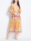 Ladies V-neck Lantern Sleeve Printed Chiffon Dress