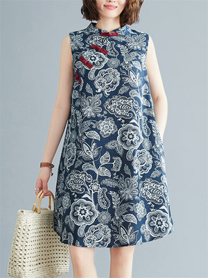 Female Flower Printed Retro Loose Cheongsam Dress