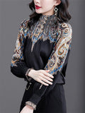 Women's Elegant Print Round Neck Puff Sleeve Black Shirt