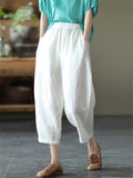 Cotton Linen Elastic Waist Solid Patchwork Women's Pants