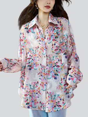 Summer Colorful Jacquard Single-Breasted Chiffon Shirt for Lady