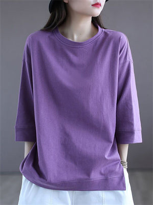 Female Solid Color Loose Fit Summer 3/4 Sleeve Shirts