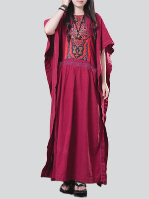 Ethnic Style Retro Wine Red Dress for Lady