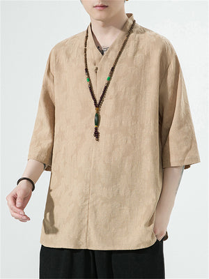 Men's Buddhist Plain Linen Jacquard Half Sleeve Shirt