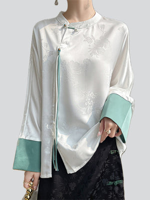 Women's Elegant Standing Collar Contrast Color Jacquard Shirts