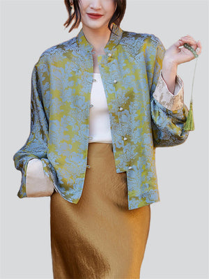 Luxury Peony Jacquard Women's Long Sleeve Tang Suit Shirt