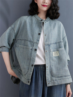 Women's Light Blue Patch Pocket 3/4 Sleeve Trendy Denim Jacket