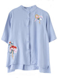 Women's Flowers Embroidered Stand-up Collar Half Sleeve Shirt