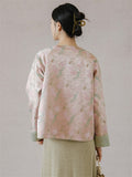 Elegant Round Neck Knot Button Pink Green Female Jacket