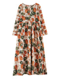 Orange Green Leaf Print Spring Loose Dress for Women