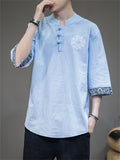 Retro Totem Embroidery Half Sleeve Linen Shirt for Men