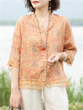 Female Cozy Cotton Linen V-neck Half Sleeve Floral Shirt