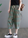 Women's Vacation Green Diamond Elastic Waist Denim Cropped Pants