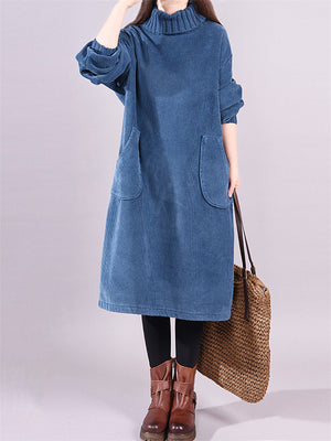 Women's Turtleneck Plush Lining Corduroy Midi Dress for Winter