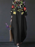 Women's Crew Neck 3/4 Sleeve Ethnic Floral Print Flowy Dress