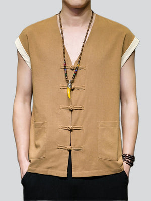 Men's Summer Cotton Linen Breathable Button Sleeveless Vest