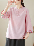 Vintage Cotton Linen 3/4 Sleeve Shirts for Ladies