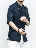 Men's Summer Vacation Stand Collar Button Short Sleeve Linen Shirt