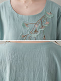 Female Ethnic Style Ginkgo Leaf Embroideried 3/4 Sleeve Shirt