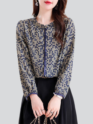 Retro Polka Dot Print Pleated Stand Collar Shirt for Female