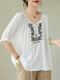 Casual Tassel Lace Up Dandelion Embroideried Shirt for Women