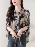 V Neck Tassel Button Floral Print Breathable Shirt for Lady