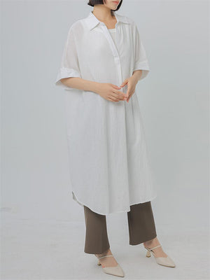 Summer V-Neck Super Loose Long Cotton Shirt for Women