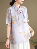 Ginkgo Leaf Print Stand Collar Tassel Button Female Shirt