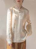 Apricot Bamboo Leaf Jacquard Elegant Satin Shirt for Women