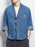 Men's Summer V Neck Knot Button 3/4 Sleeve Denim Jacket