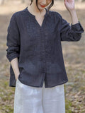 V-Neck Button Up Long Sleeve Embroidery Linen Shirt for Women