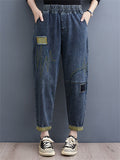 Women's Literary Elastic Waist Patchwork Jeans