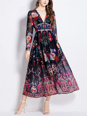 Flowy Chiffon Elegant Front Split Floral Print Dress for Lady