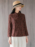 Women's Mini Floral Print Vintage Stand Collar Linen Shirt