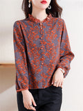 Women's Ruffled Collar Print Decorative Button Faux Silk Shirt