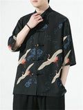 Chinese Style Knot Button Half Sleeve Flying Crane Print Shirt