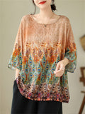 Round Neck Peacock Feather Print Shirt for Women